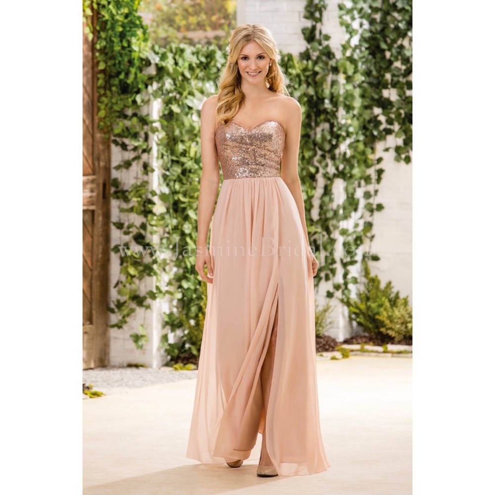 Sweetheart Neckline Sequin & poly chiffon w slit
